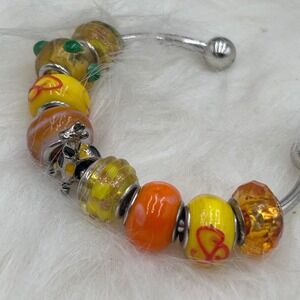 Yellow Orange Bohemian Glass Bead Giraffe Charm Bangle Bracelet Silver Tone Cuff